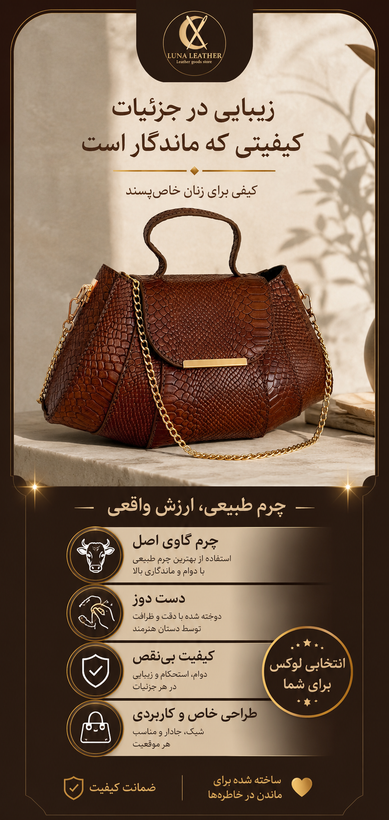 کیف زنانه صدف چرم طبیعی گاوی دست دوز