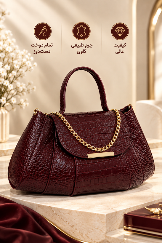 کیف زنانه صدف چرم طبیعی گاوی دست دوز